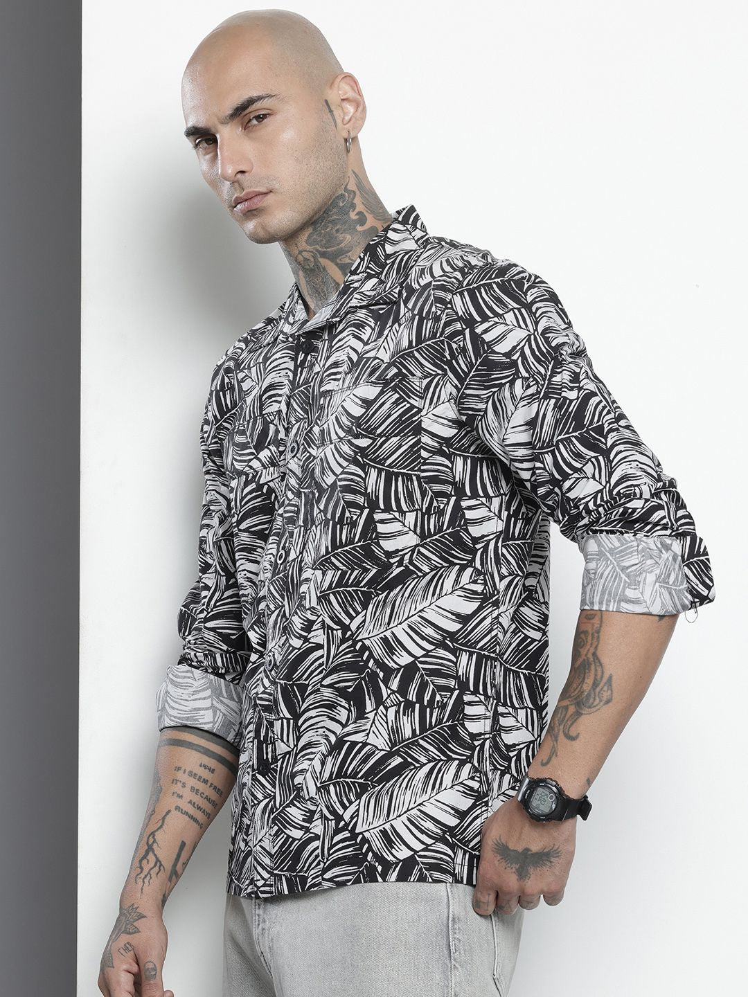 Men's Black Regular Fit Abstract Print Casual Overshirt
