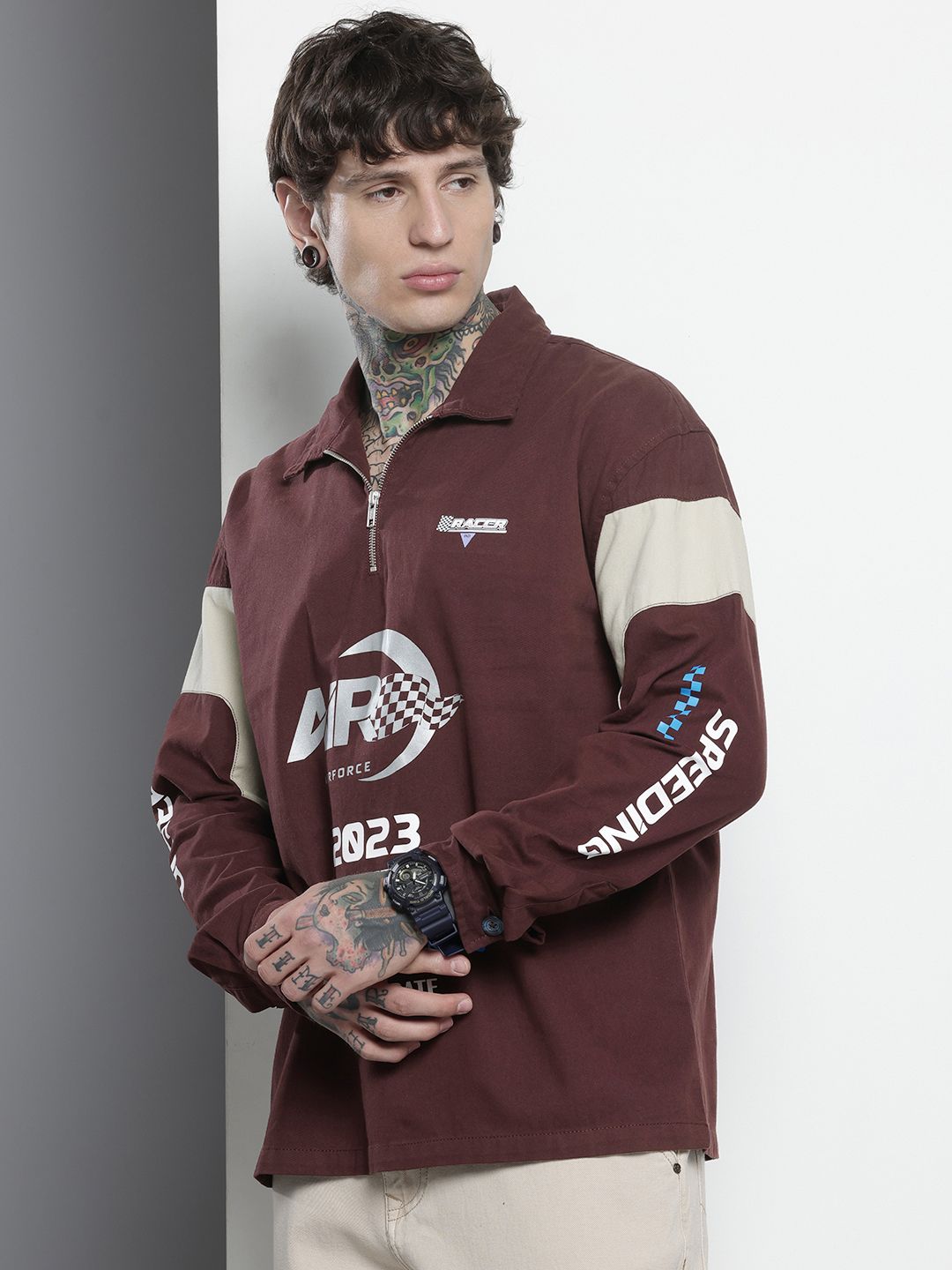 Men's Maroon Regular Fit Graphic Print Street Wear Overshirt