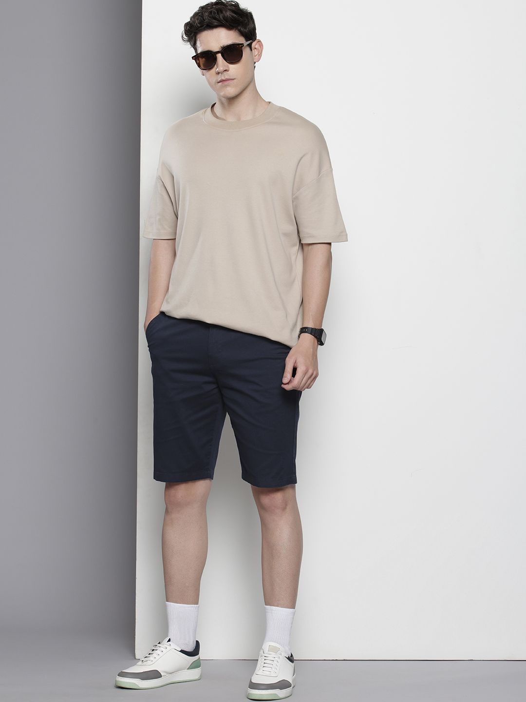 Men's Navy Blue Regular Fit Solid Chino Shorts