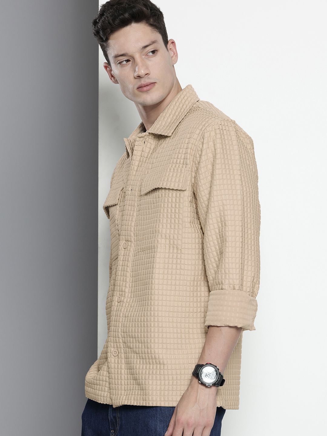 Men's Cream Regular Fit Textured Resort Wear Shirt