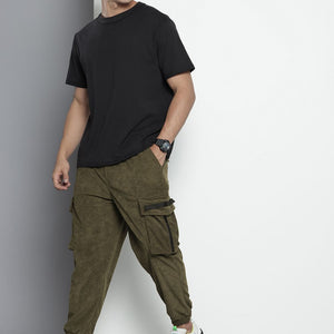 Men's Olive Relaxed Fit Textured Corduroy Loose Joggers