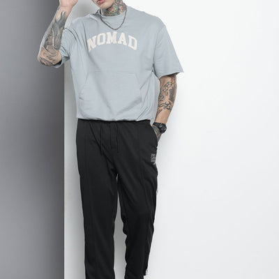 Men's Black Relaxed Fit Printed Wide Leg Joggers