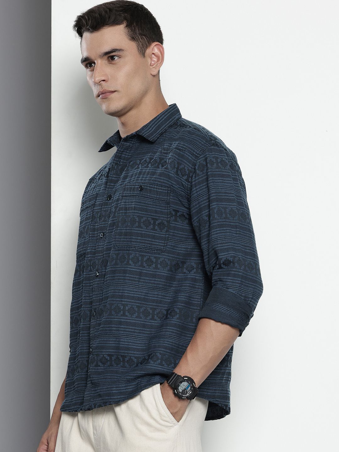 Men's Grey Relaxed Fit Textured Resort Wear Shirt