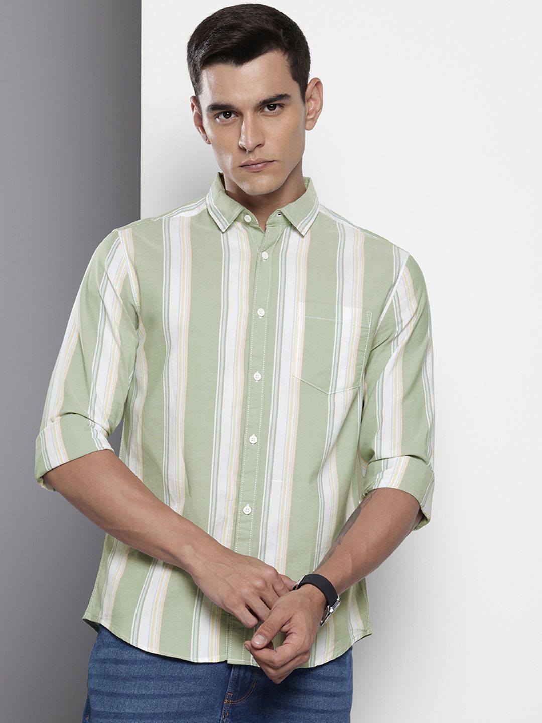 Men's Green Slim Fit Striped Casual Shirt