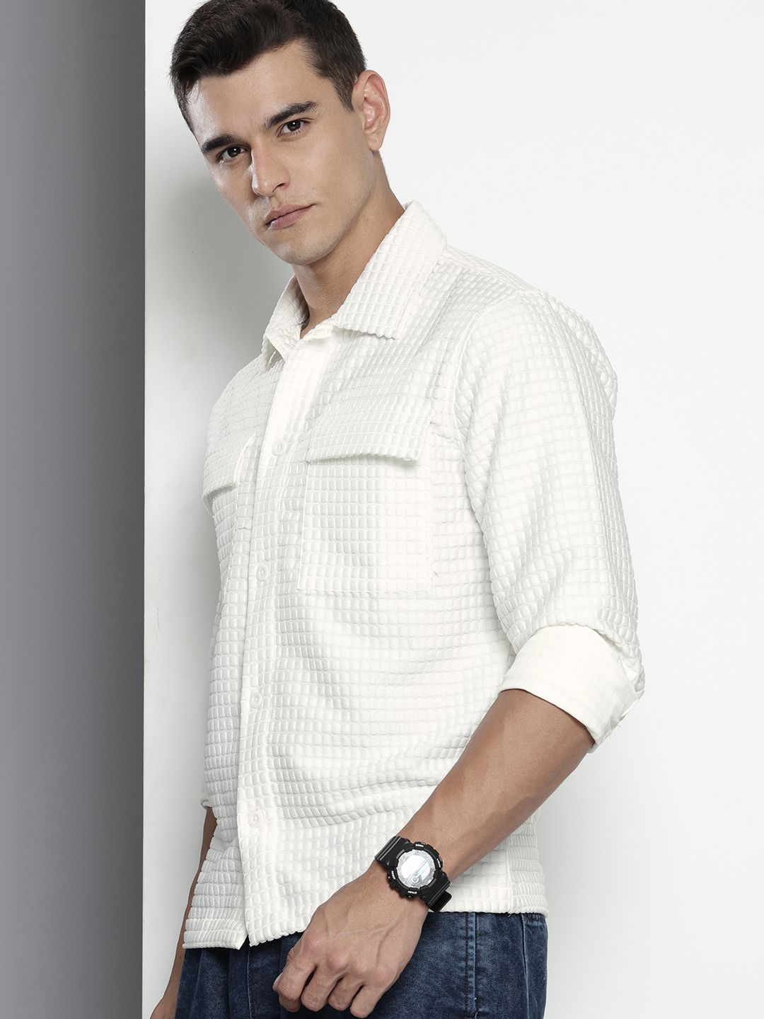 Men's White Regular Fit Textured Resort Wear Shirt