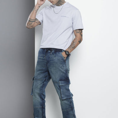 Men's Blue Relaxed Fit Solid Denim Joggers