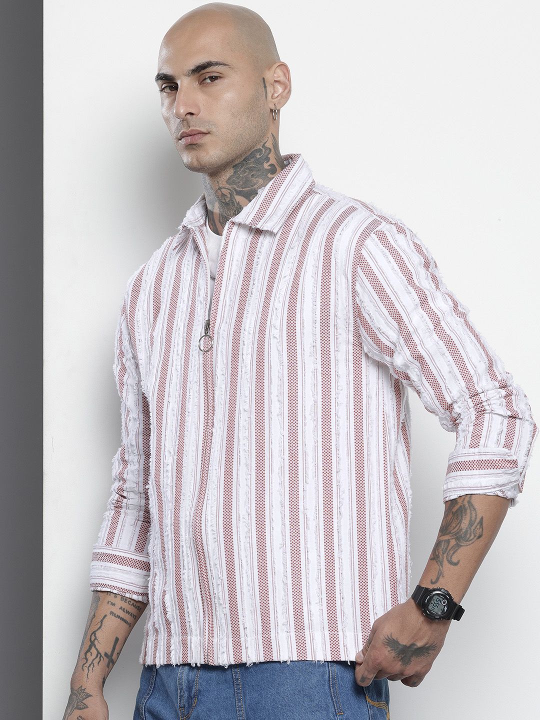 Men's Maroon Relaxed Fit Striped Resort Wear Shirt