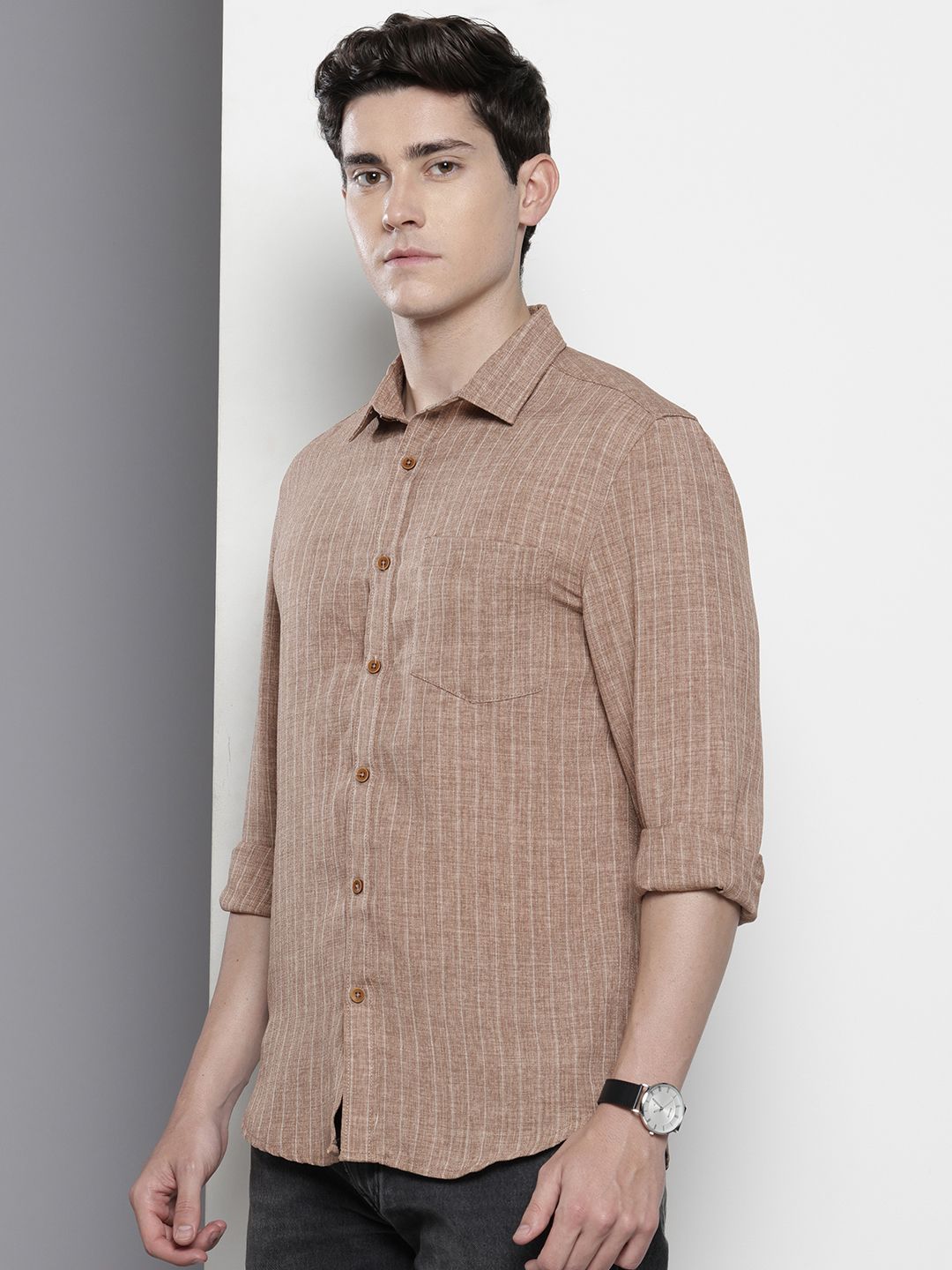 Men's Brown Slim Fit Striped Casual Shirt