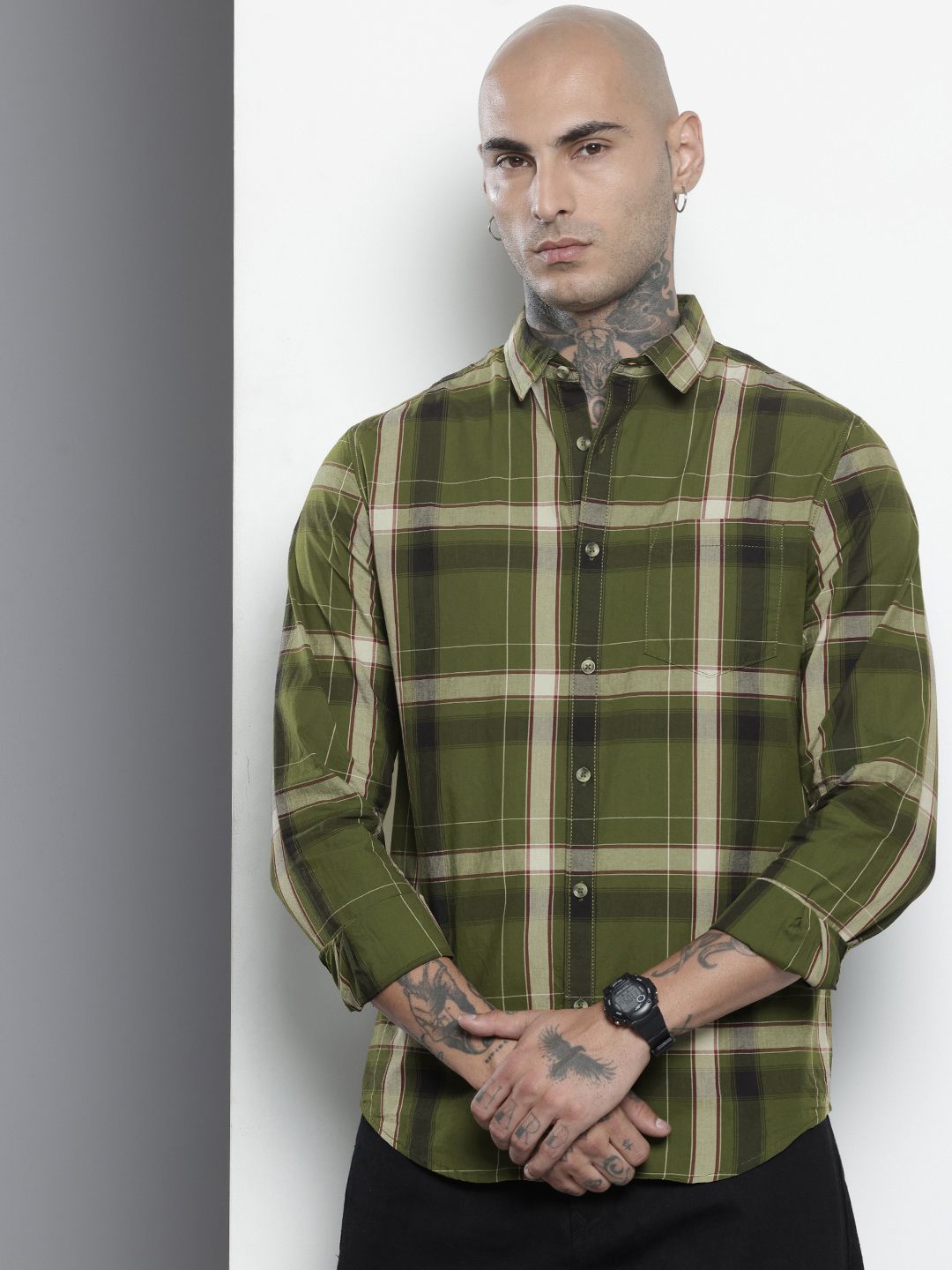Men's Green Slim Fit Checked Casual Shirt