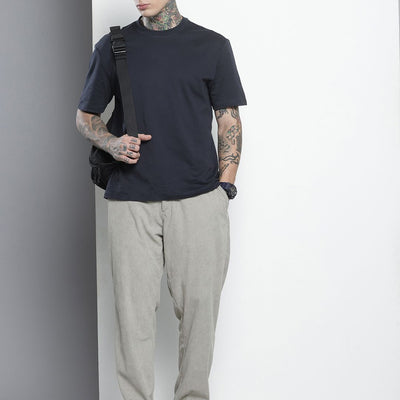 Men's Grey Straight Fit Textured Trousers