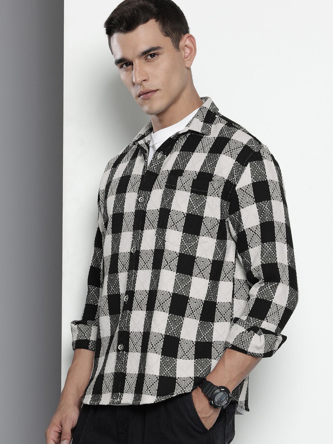 Men's Black Relaxed Fit Checked Resort Wear Shirt