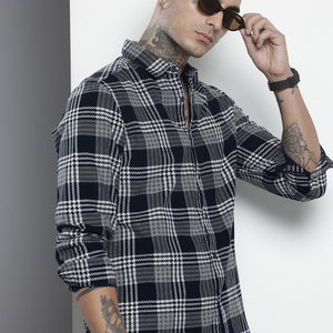 Men's Black Regular Fit Checked Casual Overshirt