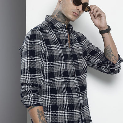 Men's Black Regular Fit Checked Casual Overshirt
