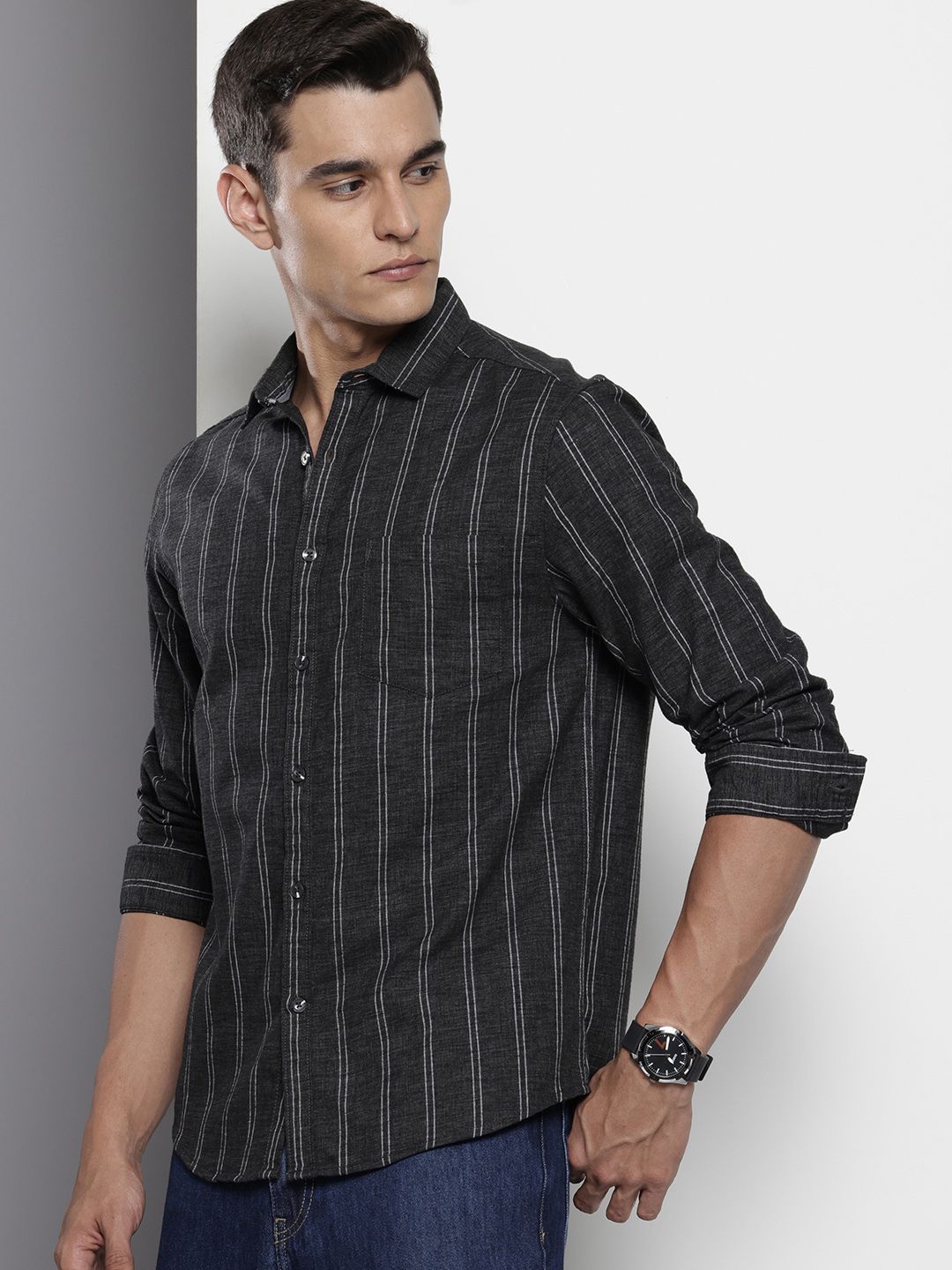 Men's Black Slim Fit Striped Casual Shirt