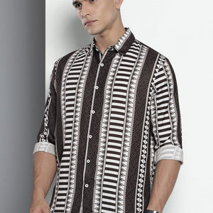 Men's Black Relaxed Fit Aztec Printed Resort Wear Shirt