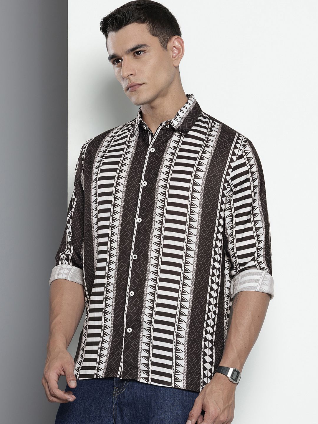 Men's Black Relaxed Fit Aztec Printed Resort Wear Shirt