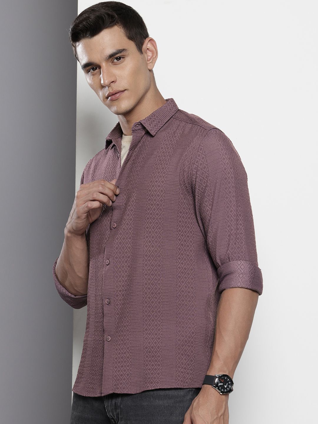 Men's Purple Regular Fit Solid Resort Wear Shirt