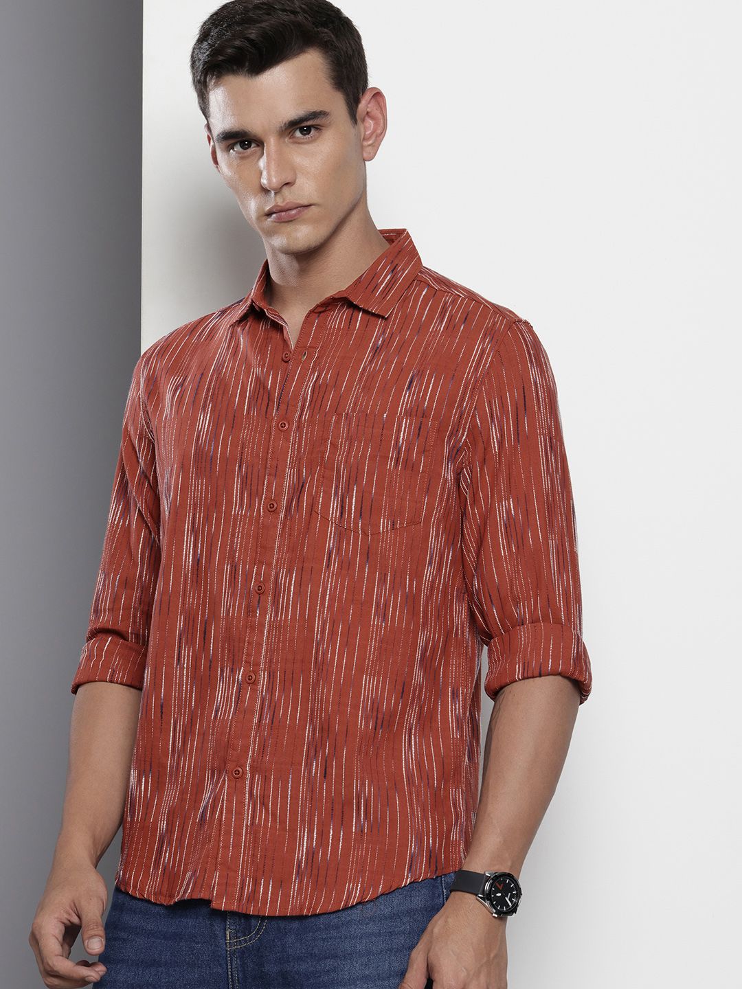 Men's Orange Slim Fit Striped Casual Shirt