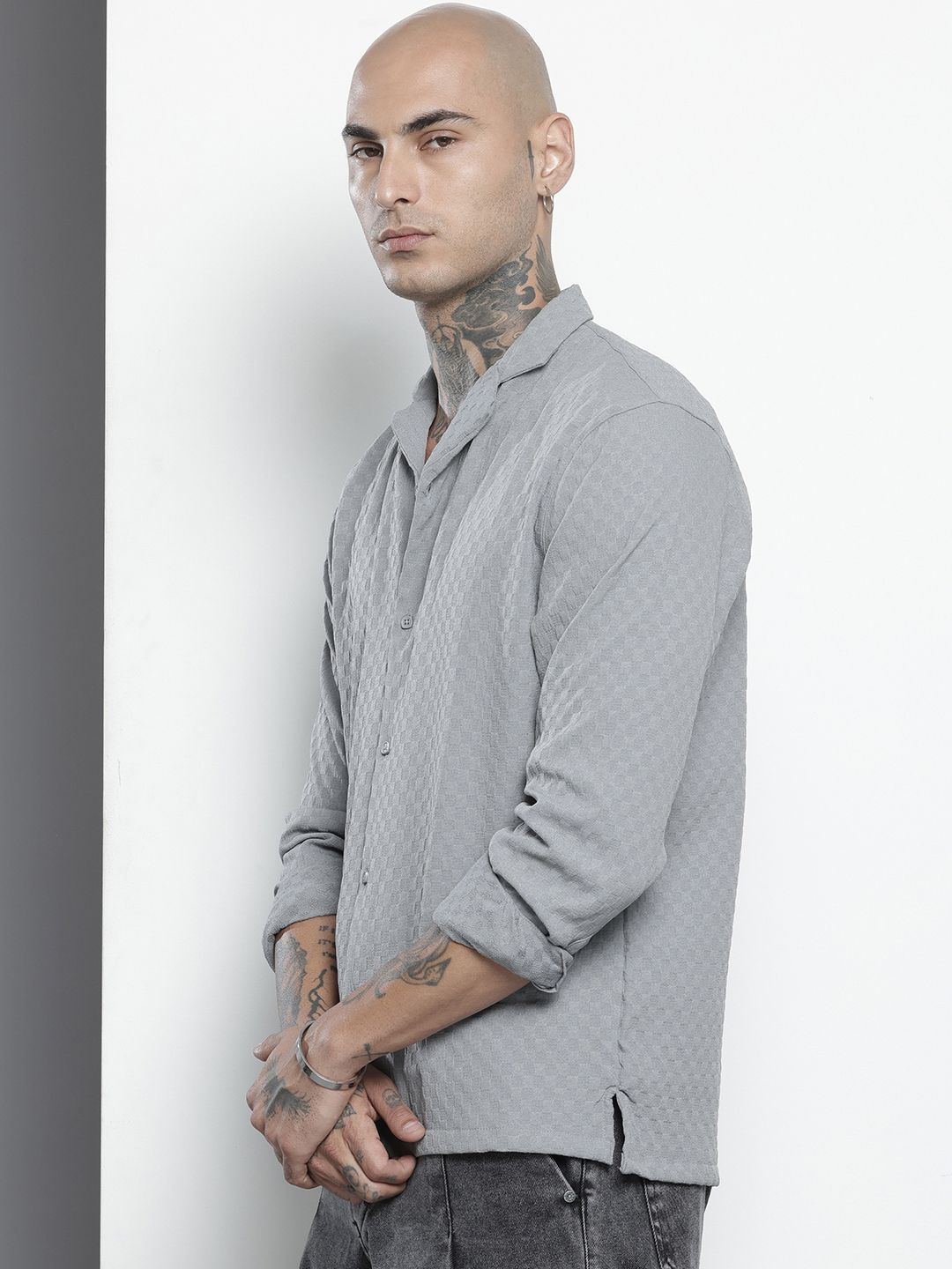 Men's Grey Relaxed Fit Solid Resort Wear Shirt