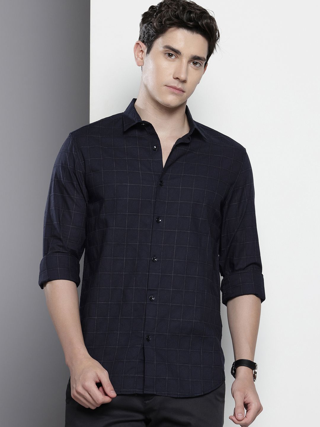 Men's Navy Blue Slim Fit Checked Party Wear Shirt