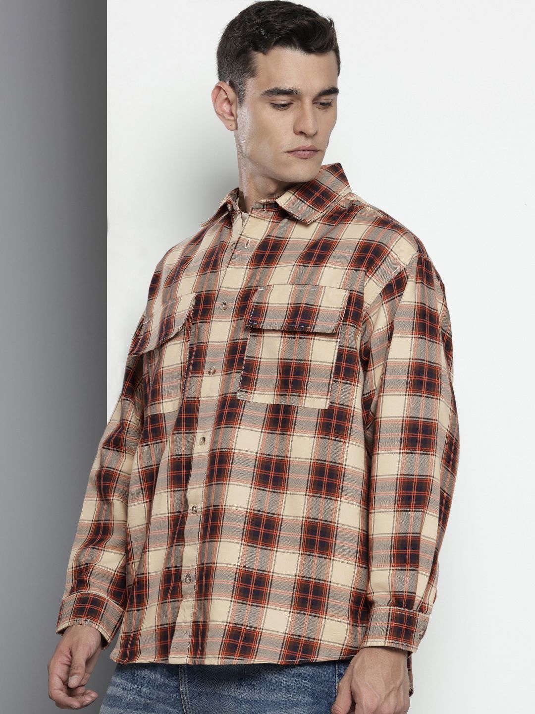 Men's Beige Oversized Checked Street Wear Shirt