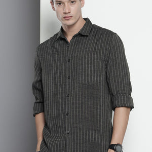 Men's Charcoal Slim Fit Striped Casual Shirt