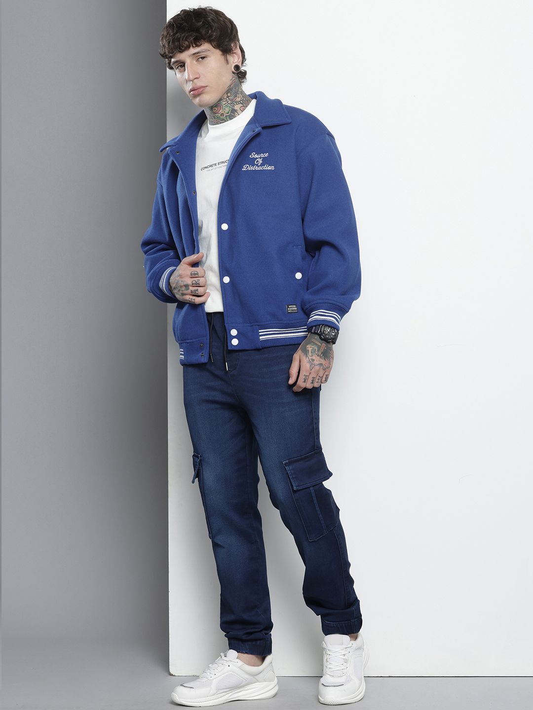 Men's Blue Regular Fit Solid Stretchable Denim Cargo Joggers