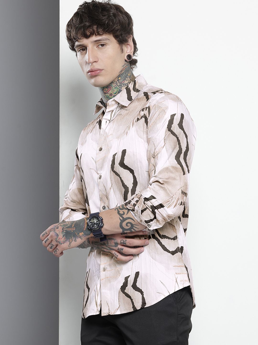 Men's Cream Slim Fit Abstract Print Party Wear Shirt