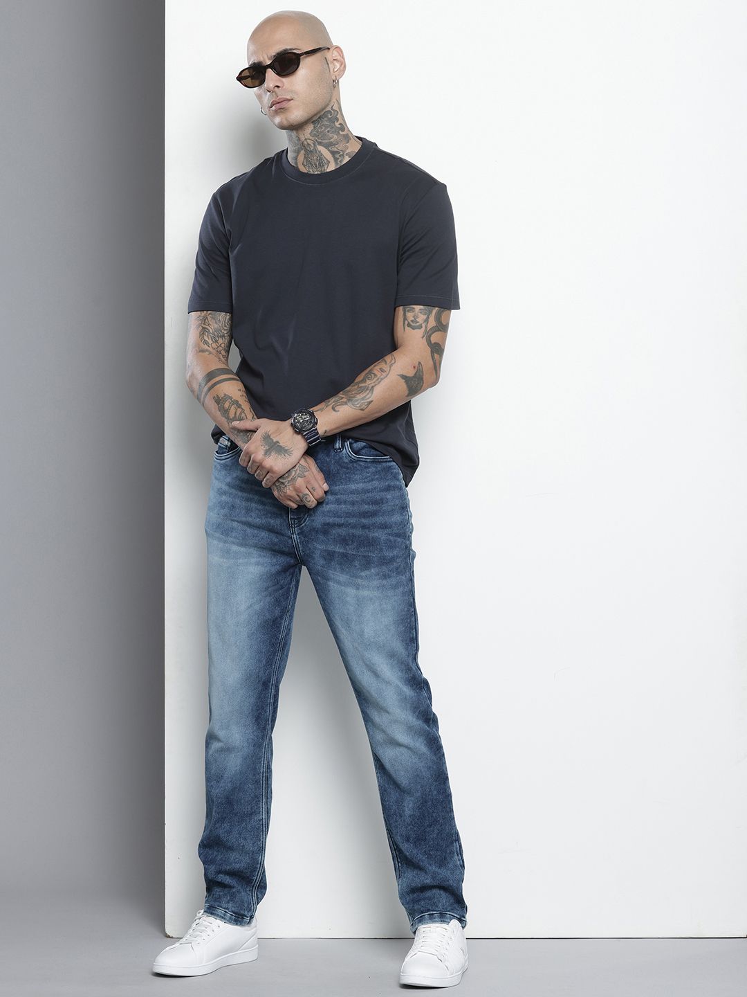 Men's Blue Regular Fit Solid Denim Joggers