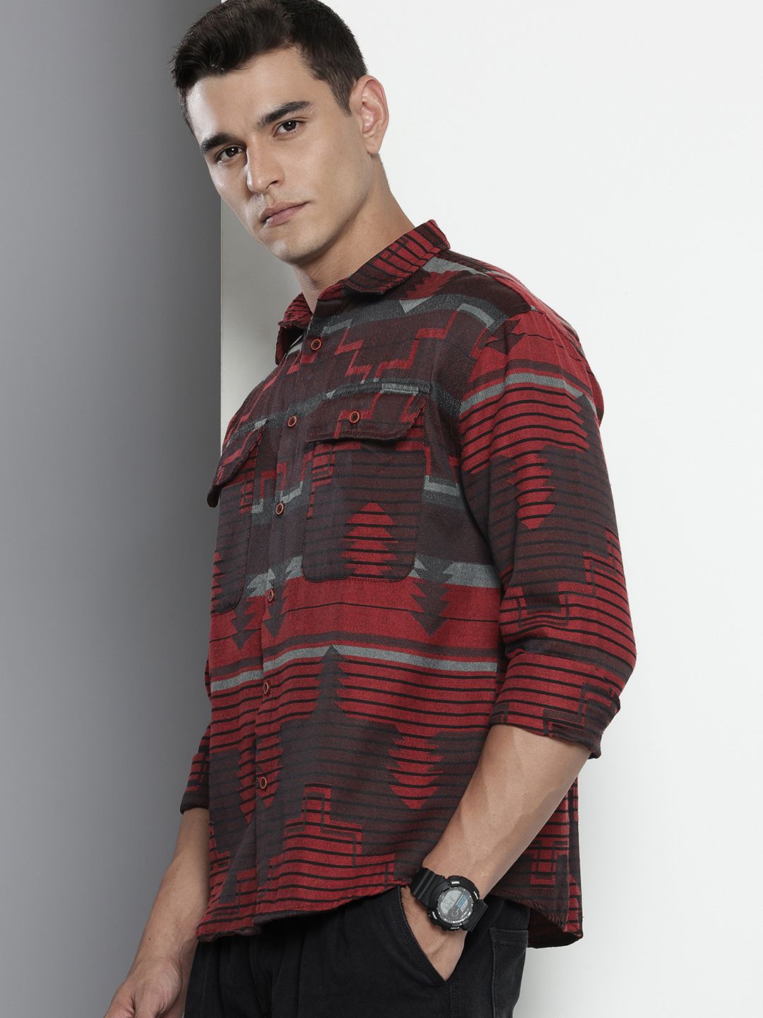 Men's Red Relaxed Fit Geometric Print Resort Wear Shirt