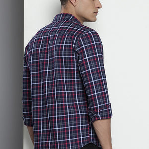 Men's Blue Slim Fit Checked Casual Shirt