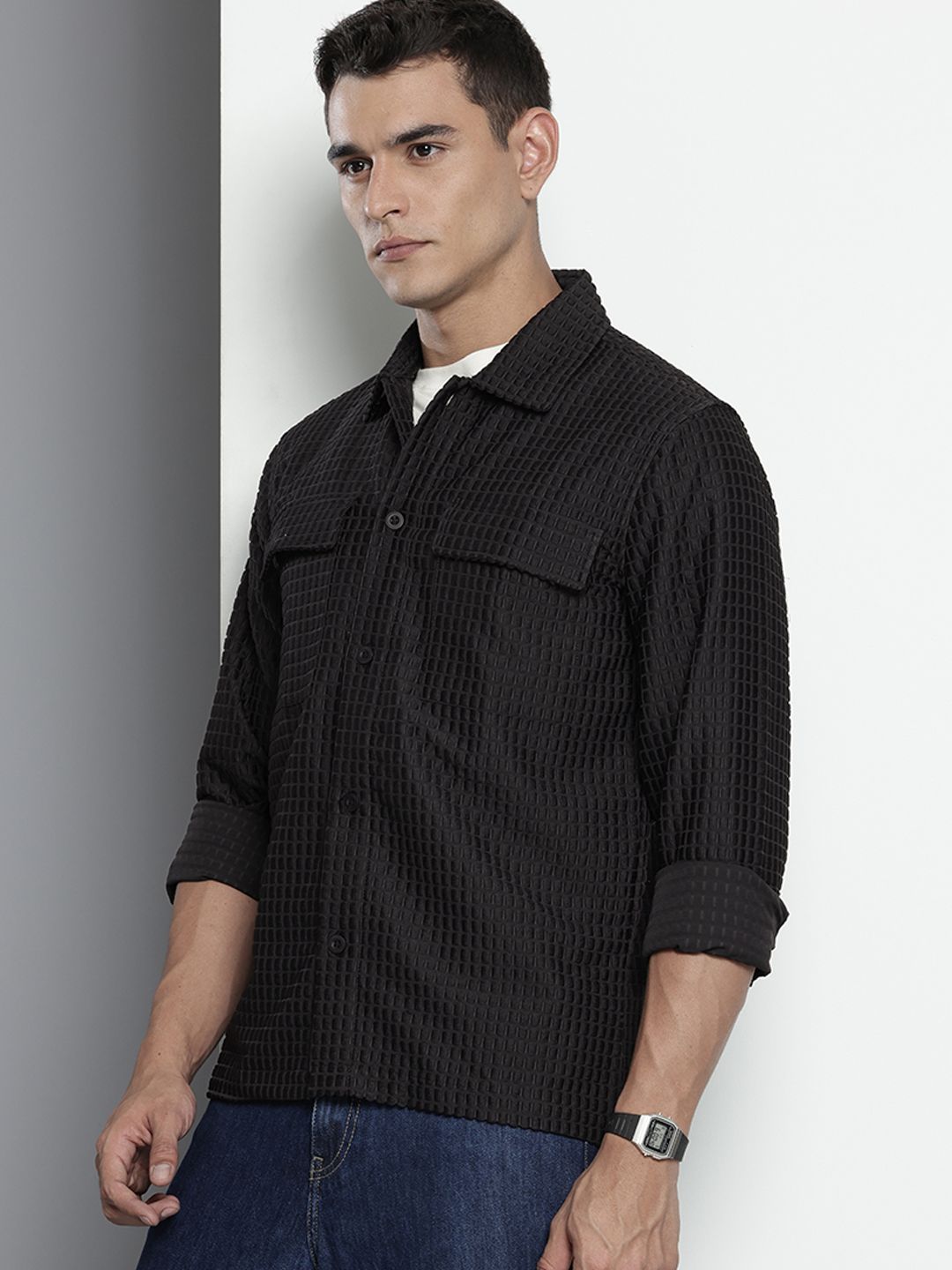 Men's Black Regular Fit Textured Resort Wear Shirt