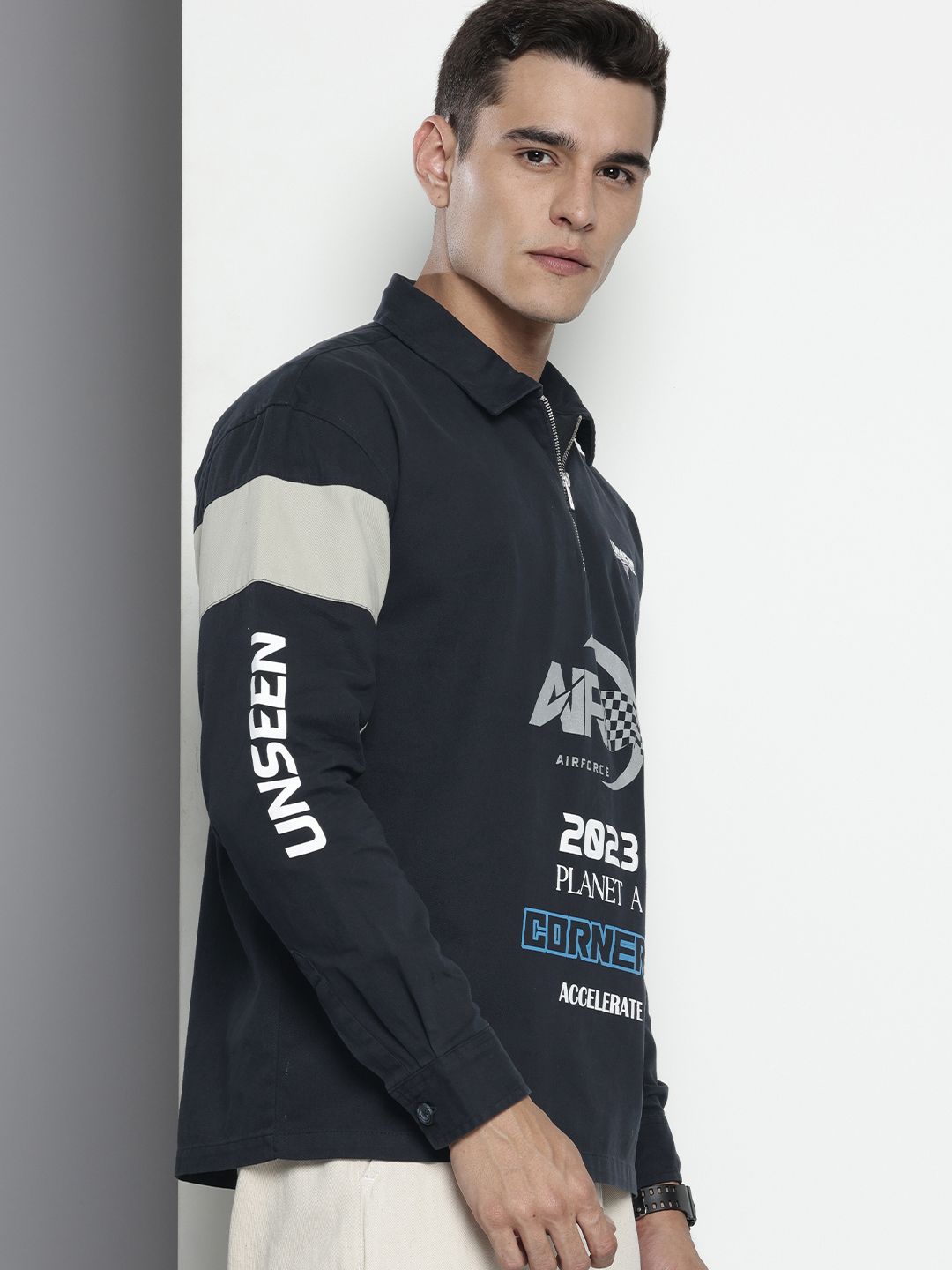 Men's Navy Blue Regular Fit Graphic Print Street Wear Overshirt