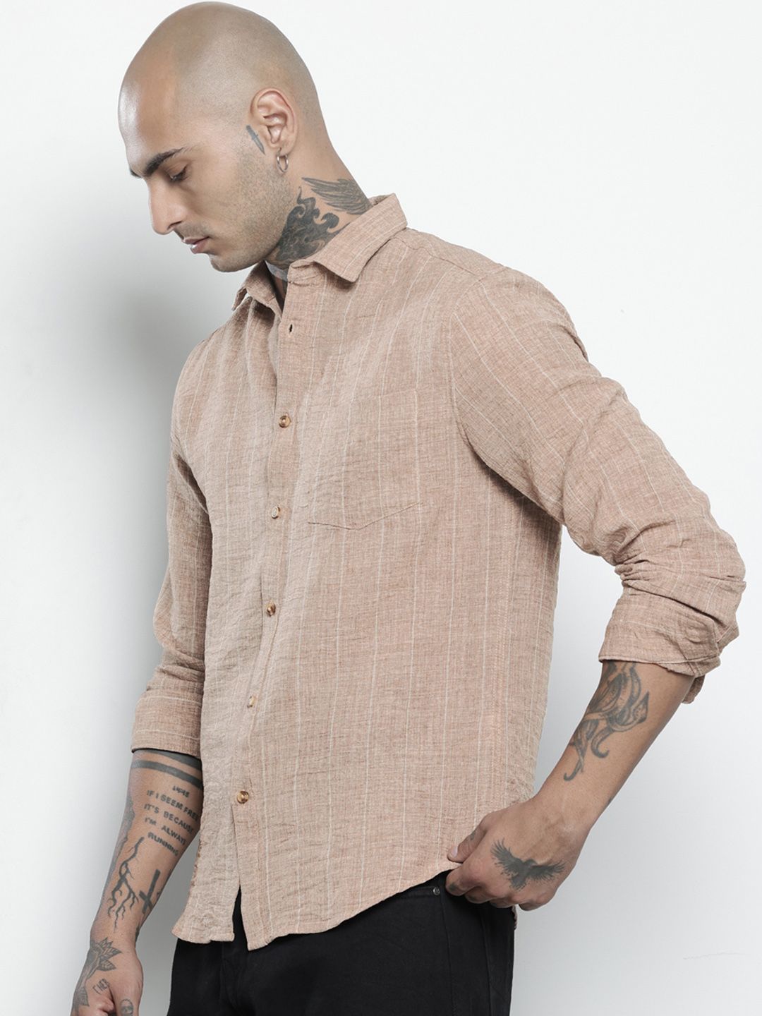 Men's Brown Slim Fit Vertical Striped Casual Shirt