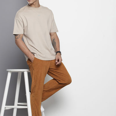 Men's Brown Straight Fit Textured Trousers