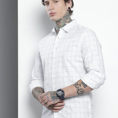 Men's White Slim Fit Checked Party Wear Shirt