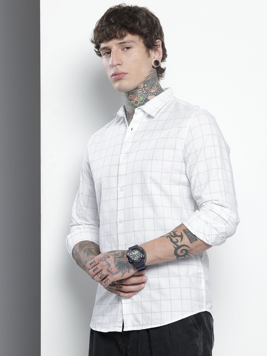 Men's White Slim Fit Checked Party Wear Shirt
