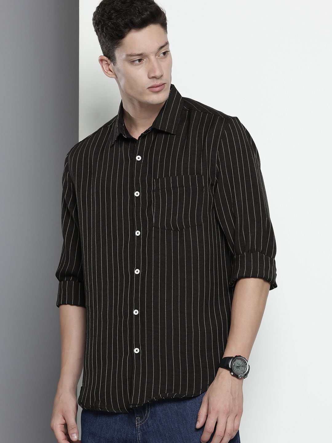 Men's Black Slim Fit Striped Casual Shirt