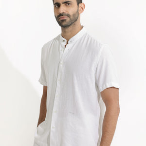 Rare Rabbit Men's Lune Ss White Linen Mandarin Collar Half Sleeves Shirt