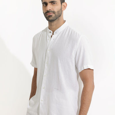 Rare Rabbit Men's Lune Ss White Linen Mandarin Collar Half Sleeves Shirt