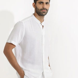 Rare Rabbit Men's Lune Ss White Linen Mandarin Collar Half Sleeves Shirt
