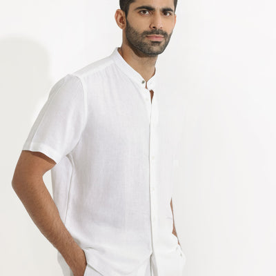 Rare Rabbit Men's Lune Ss White Linen Mandarin Collar Half Sleeves Shirt