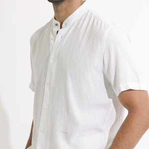 Rare Rabbit Men's Lune Ss White Linen Mandarin Collar Half Sleeves Shirt