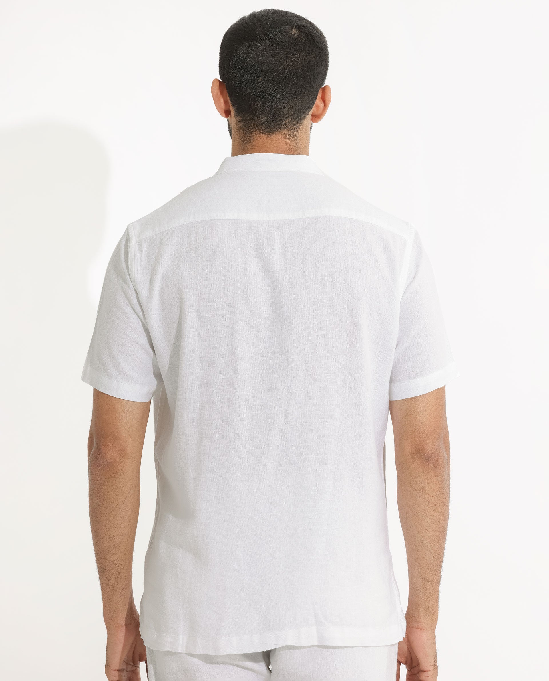 Rare Rabbit Men's Lune Ss White Linen Mandarin Collar Half Sleeves Shirt