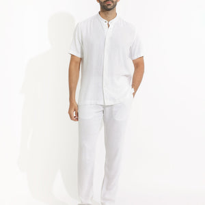 Rare Rabbit Men's Lune Ss White Linen Mandarin Collar Half Sleeves Shirt