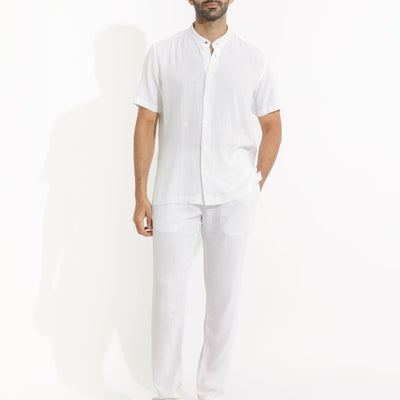 Rare Rabbit Men's Lune Ss White Linen Mandarin Collar Half Sleeves Shirt