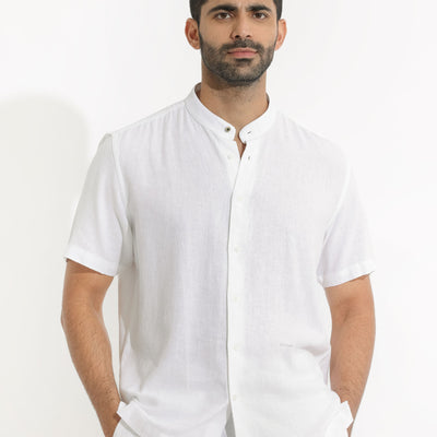 Rare Rabbit Men's Lune Ss White Linen Mandarin Collar Half Sleeves Shirt