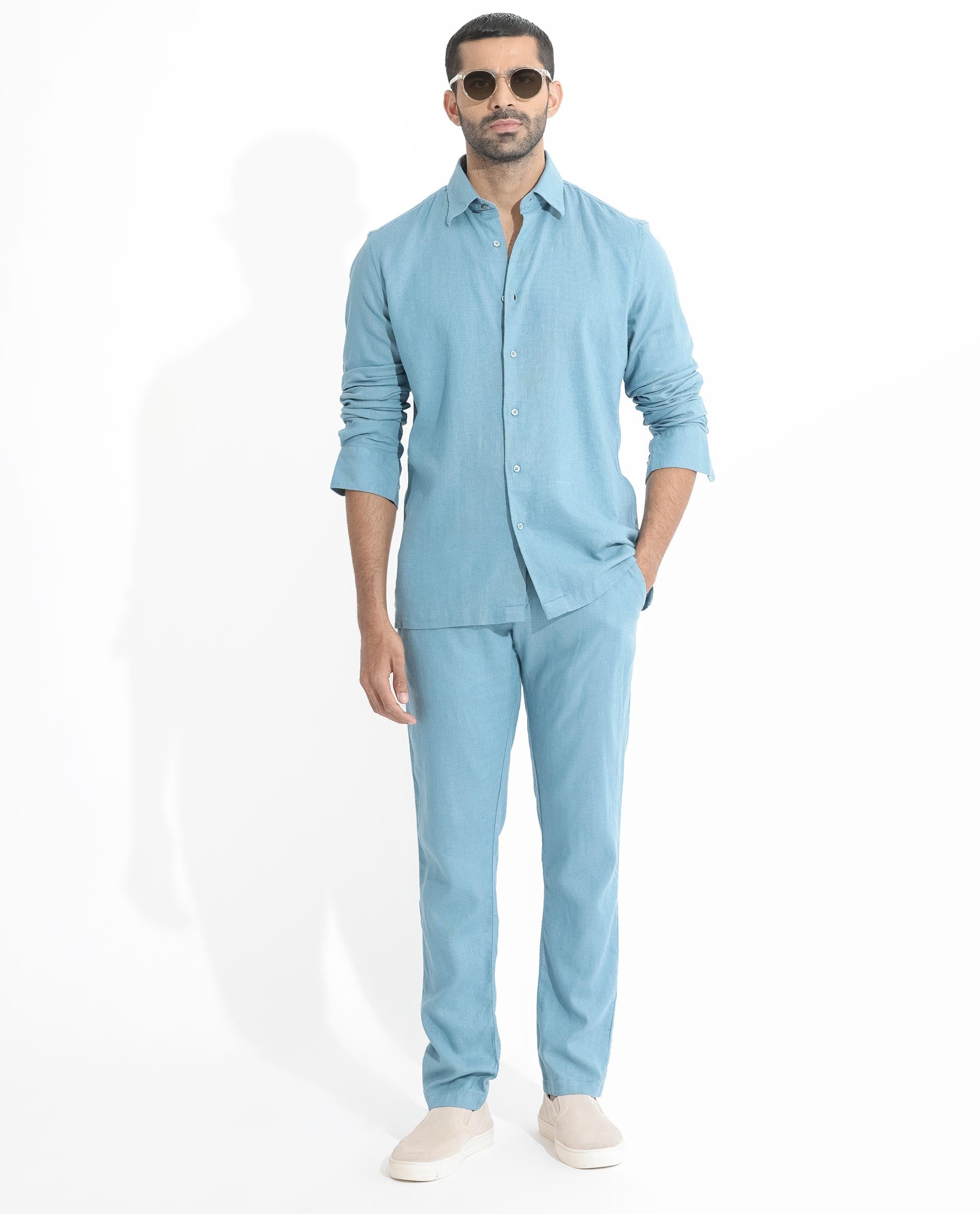 Rare Rabbit Men's Lunet Light Blue Linen Full Sleeves Solid Shirt