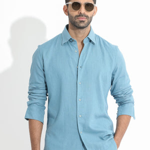 Rare Rabbit Men's Lunet Light Blue Linen Full Sleeves Solid Shirt