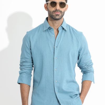 Rare Rabbit Men's Lunet Light Blue Linen Full Sleeves Solid Shirt